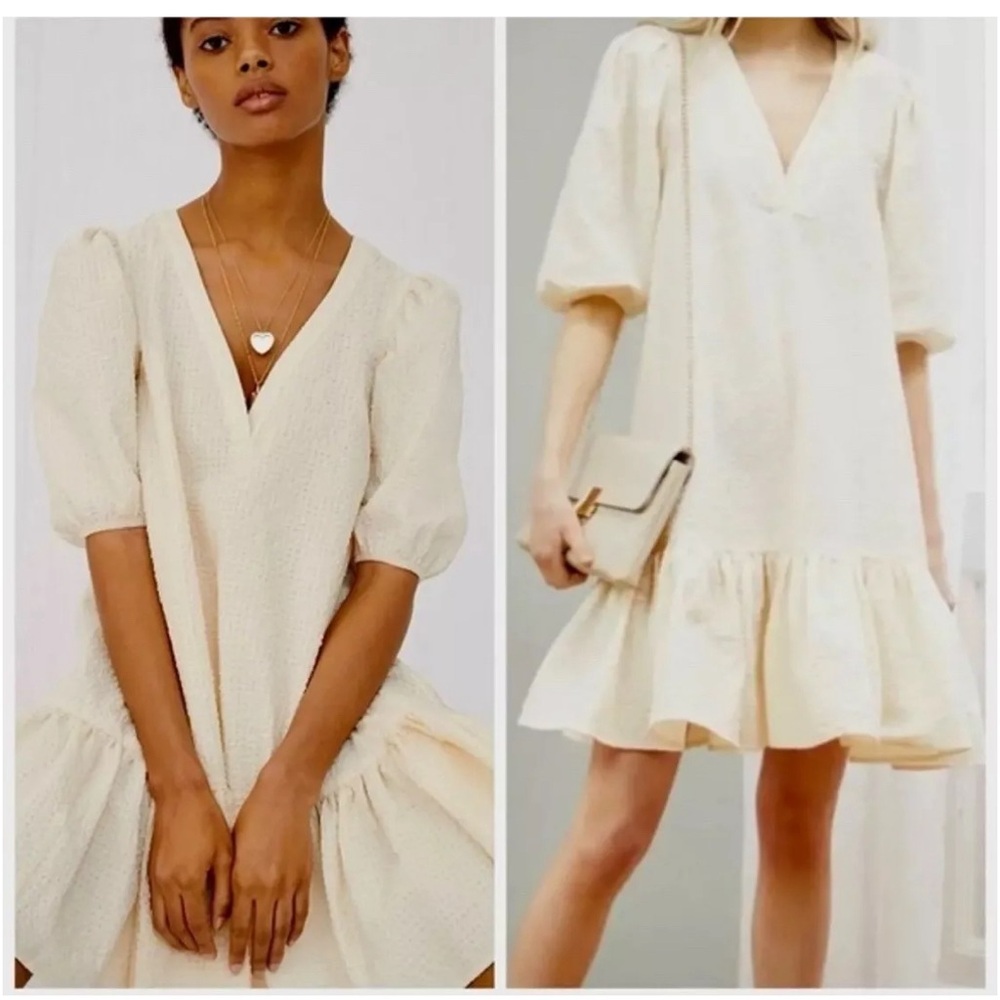 Maje Cream Beige Rolita Puff Sleeve Mini Slip Shift Dress XS